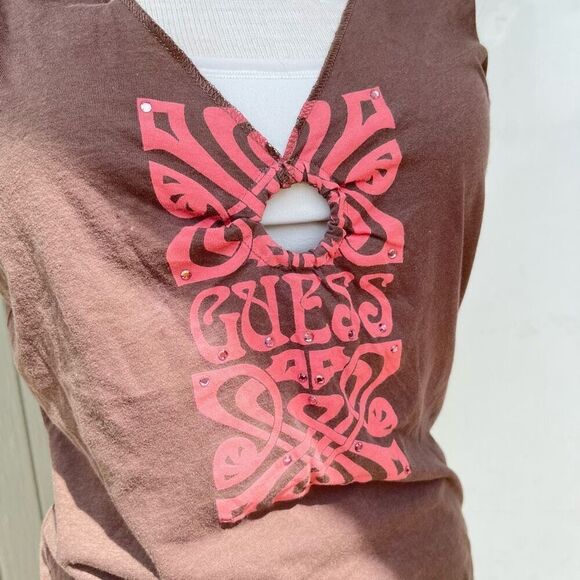 Guess Y2K Vintage Cotton Tee Tank Art Deco Graphic Rhinestone Embellished - LG - Picture 7 of 9